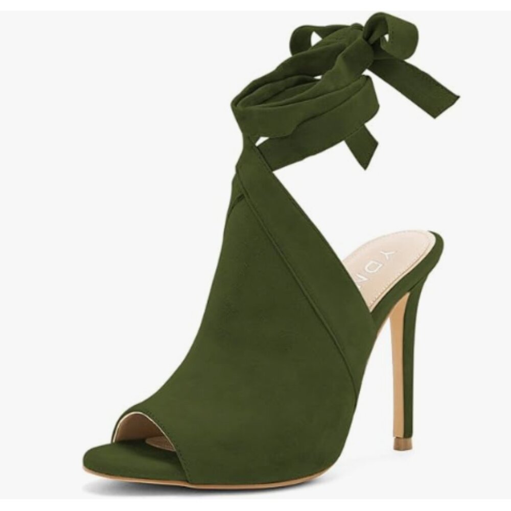 YDN Green Peep Toe Bootie Pumps Slingback High Heels Lace-up Evening Sandals Sho - Picture 1 of 8